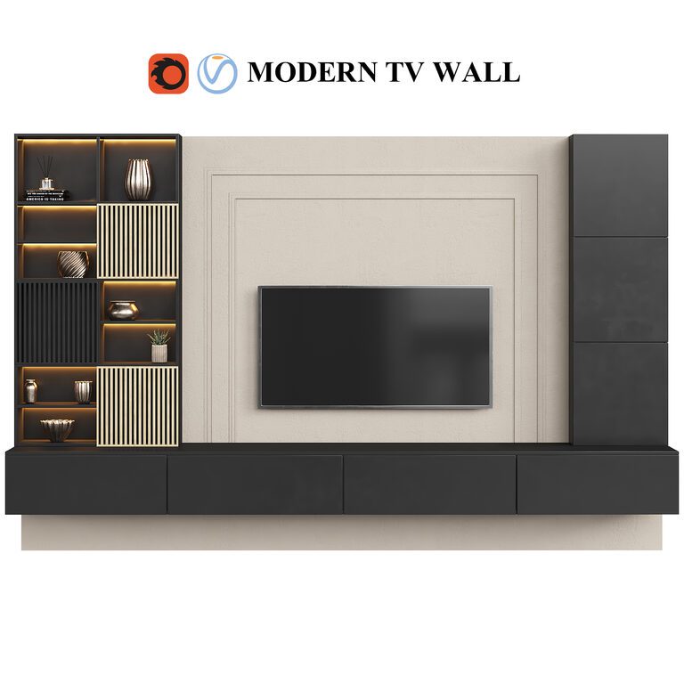 Modern tv wall 08 (112431) 3D model - Download 3D model Modern tv wall ...