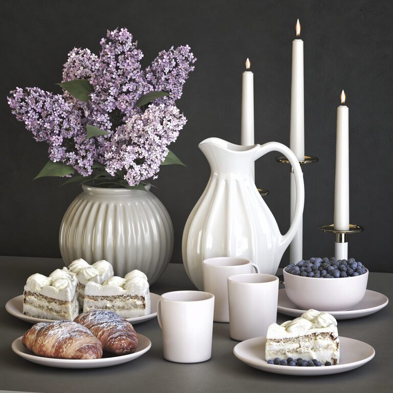  A set of dishes Ikea with a croissant, cake and lilac (102269), 3d model 1