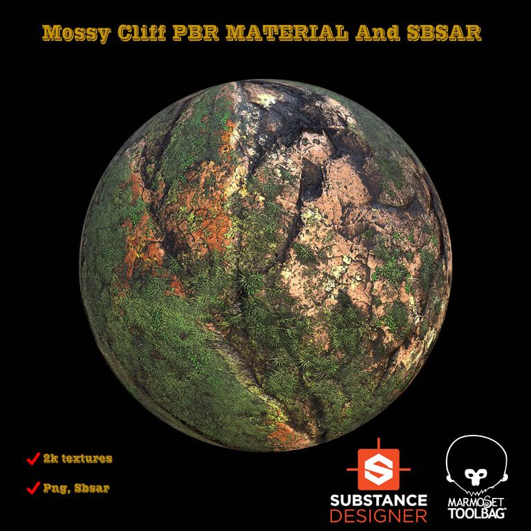 MOSSY CLIFF PBR MATERIAL AND SBSAR (133027), 3d model 1