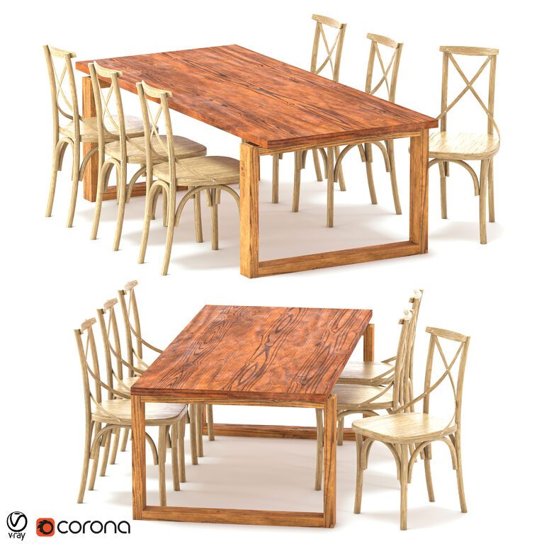 ODGER Table and 6 Teak Cross Back Dining Chair (157343), 3d model 1