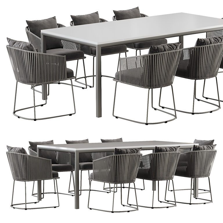 Outdoor Dining Set with Tempered Glass Top Table and Rope Woven Chairs (161361), 3d model 1
