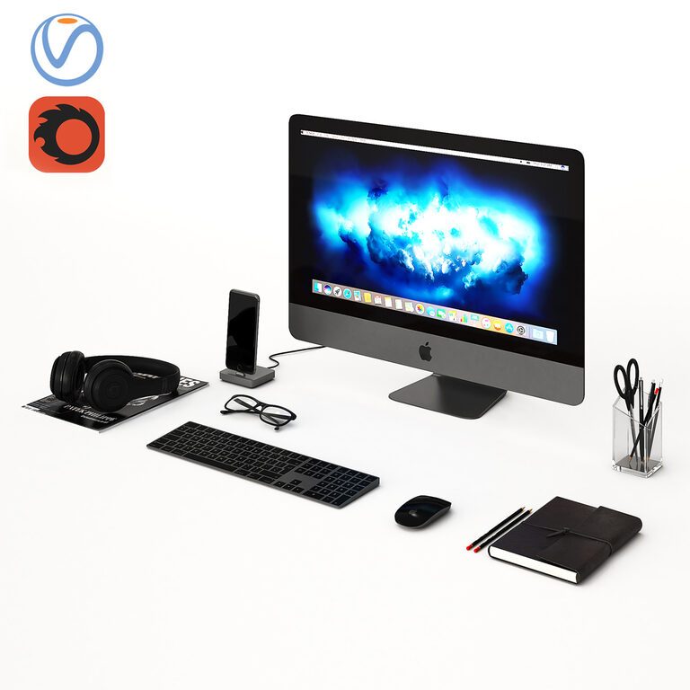 Desktop and Office Set with Space Gray IMac (22241) 3D model - Download ...
