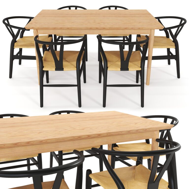 Oslo Oak Dining Table and Natural Hans Wegner Replica Wishbone Chairs (321427), 3d model 1