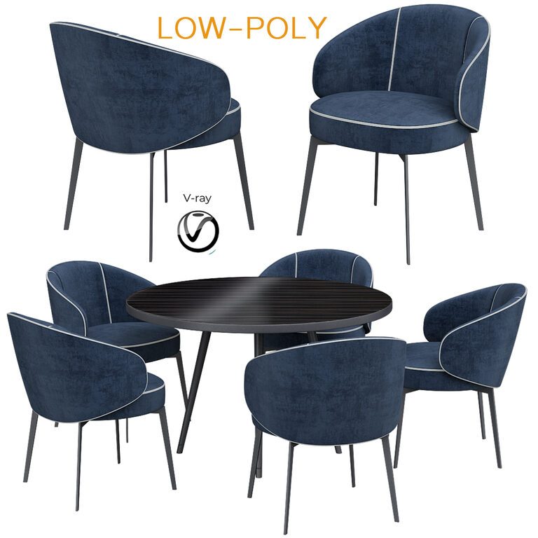 Gloria Mid-Century Walnut Round Dining Table and chair (34207), 3d model 1