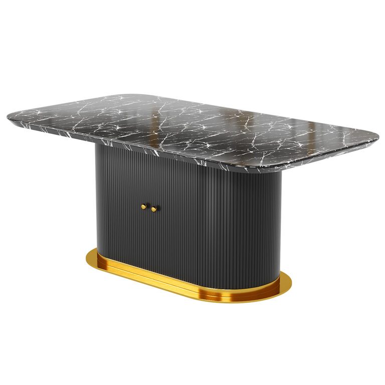 Modern Marble Dining Table for 6 Person with Storage, Black Rectangular ...