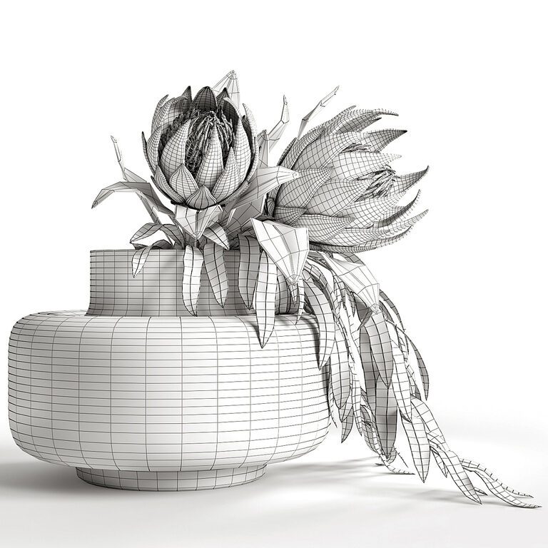 Protea with willow branches in Urna glass vase (381938) 3D model