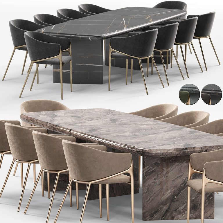 Стул Gwen из бархата хаки и обеденный стол Longhi Mouth (394158), 3d model 1